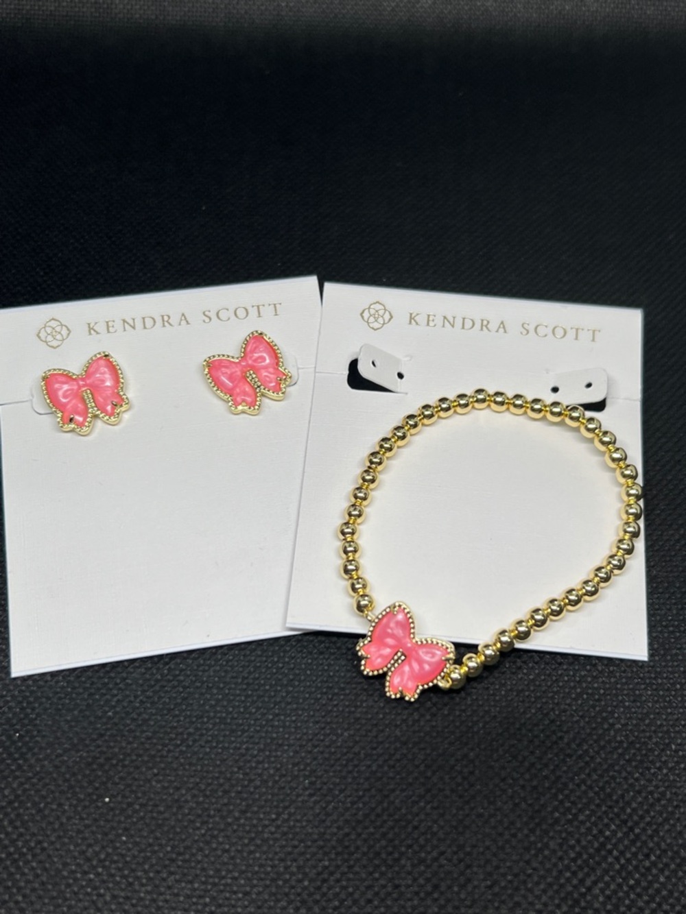 Kendra Scott Gold Beaded Pink Bow Bracelet & Pink Bow Studs Set